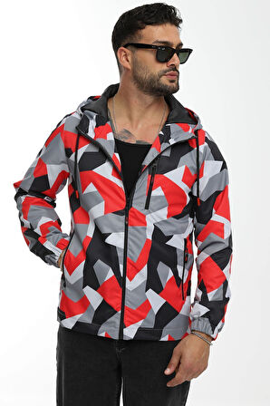 Erkek Kamuflaj Desen Astarlı Rüzgara Dayanıklı Kapüşonlu Cepli Yağmurluk-rüzgarlık | S