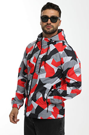 Erkek Kamuflaj Desen Astarlı Rüzgara Dayanıklı Kapüşonlu Cepli Yağmurluk-rüzgarlık | 2XL