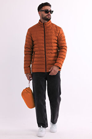 Erkek Rüzgar Geçirmez Taşınabilir Çantalı Sıcak Tutan Elyaf Dolgulu Hafif Şişme Kiremit Mont | XL