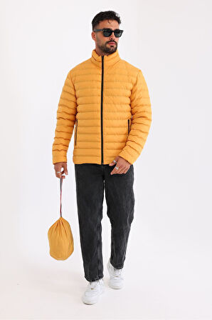 Erkek Rüzgar Geçirmez Taşınabilir Çantalı Sıcak Tutan Elyaf Dolgulu Hafif Şişme Sarı Mont | 2XL