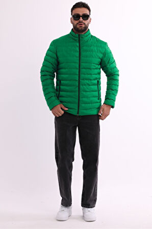 Erkek Rüzgar Geçirmez Taşınabilir Çantalı Sıcak Tutan Elyaf Dolgulu Hafif Şişme Yeşil Mont | XL