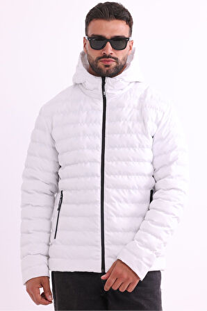 Erkek Beyaz Rüzgar Geçirmez Kapüşonlu Taşınabilir Çantalı Elyaf Dolgulu Hafif Spor Mont | S