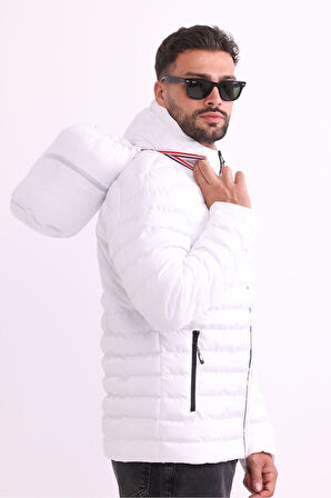 Erkek Beyaz Rüzgar Geçirmez Kapüşonlu Taşınabilir Çantalı Elyaf Dolgulu Hafif Spor Mont | 2XL