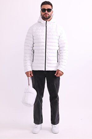 Erkek Beyaz Rüzgar Geçirmez Kapüşonlu Taşınabilir Çantalı Elyaf Dolgulu Hafif Spor Mont | 2XL