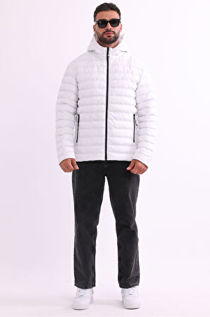 Erkek Beyaz Rüzgar Geçirmez Kapüşonlu Taşınabilir Çantalı Elyaf Dolgulu Hafif Spor Mont | 2XL