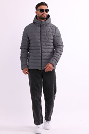 Erkek Gri Rüzgar Geçirmez Kapüşonlu Taşınabilir Çantalı Elyaf Dolgulu Hafif Spor Mont | S