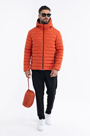 Erkek Kiremit  Rüzgar Geçirmez Kapüşonlu Taşınabilir Çantalı Elyaf Dolgulu Hafif Spor Mont | 2XL