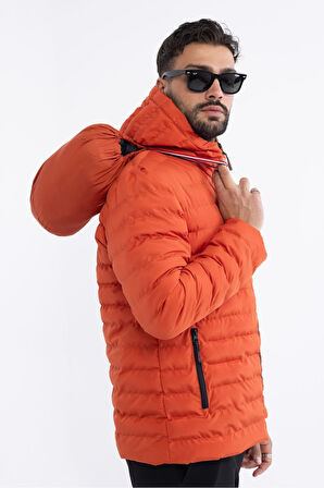 Erkek Kiremit  Rüzgar Geçirmez Kapüşonlu Taşınabilir Çantalı Elyaf Dolgulu Hafif Spor Mont | 3XL