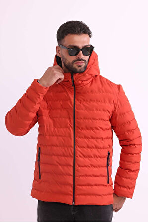 Erkek Kiremit  Rüzgar Geçirmez Kapüşonlu Taşınabilir Çantalı Elyaf Dolgulu Hafif Spor Mont | 3XL