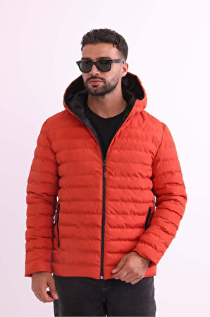 Erkek Kiremit  Rüzgar Geçirmez Kapüşonlu Taşınabilir Çantalı Elyaf Dolgulu Hafif Spor Mont | 3XL