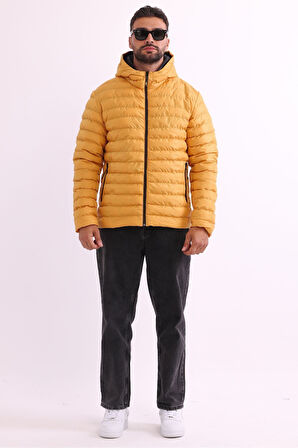 Erkek Sarı Rüzgar Geçirmez Kapüşonlu Taşınabilir Çantalı Elyaf Dolgulu Hafif Spor Mont | S