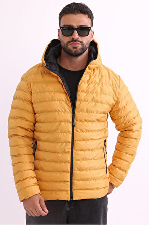 Erkek Sarı Rüzgar Geçirmez Kapüşonlu Taşınabilir Çantalı Elyaf Dolgulu Hafif Spor Mont | S