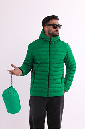 Erkek Yeşil Rüzgar Geçirmez Kapüşonlu Taşınabilir Çantalı Elyaf Dolgulu Hafif Spor Mont | S