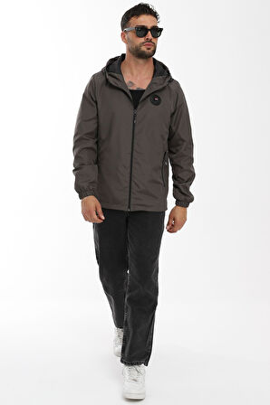 Erkek Astarlı Rüzgara Dayanıklı Kapüşonlu Antrasit Yağmurluk - Rüzgarlık | S