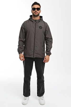 Erkek Astarlı Rüzgara Dayanıklı Kapüşonlu Antrasit Yağmurluk - Rüzgarlık | M