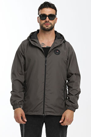 Erkek Astarlı Rüzgara Dayanıklı Kapüşonlu Antrasit Yağmurluk - Rüzgarlık | 3XL