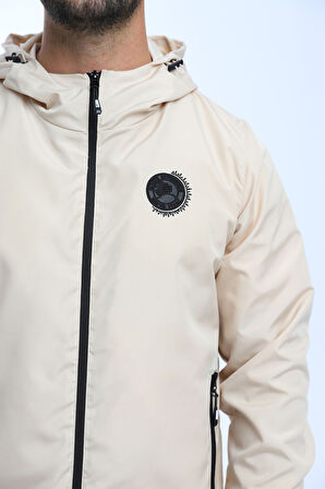 Erkek Astarlı Rüzgara Dayanıklı Kapüşonlu Bej Yağmurluk - Rüzgarlık | L