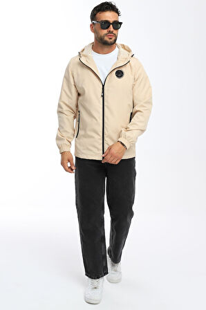 Erkek Astarlı Rüzgara Dayanıklı Kapüşonlu Bej Yağmurluk - Rüzgarlık | S