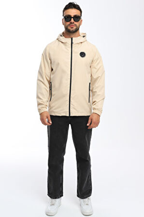 Erkek Astarlı Rüzgara Dayanıklı Kapüşonlu Bej Yağmurluk - Rüzgarlık | M