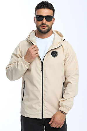 Erkek Astarlı Rüzgara Dayanıklı Kapüşonlu Bej Yağmurluk - Rüzgarlık | 3XL