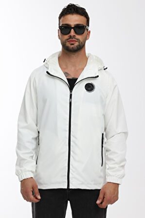 Erkek Astarlı Rüzgara Dayanıklı Kapüşonlu Beyaz Yağmurluk - Rüzgarlık | L