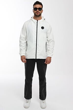 Erkek Astarlı Rüzgara Dayanıklı Kapüşonlu Beyaz Yağmurluk - Rüzgarlık | 2XL