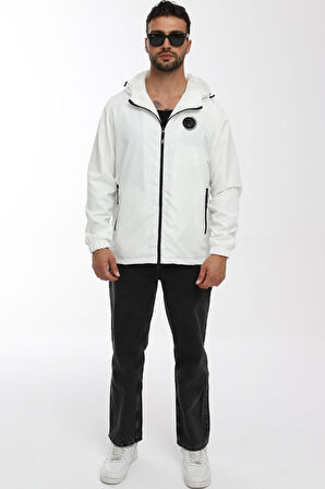 Erkek Astarlı Rüzgara Dayanıklı Kapüşonlu Beyaz Yağmurluk - Rüzgarlık | 2XL