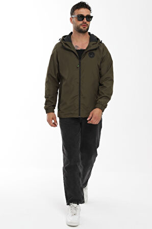 Erkek Astarlı Rüzgara Dayanıklı Kapüşonlu Haki Yağmurluk - Rüzgarlık | XL