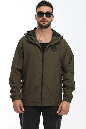 Erkek Astarlı Rüzgara Dayanıklı Kapüşonlu Haki Yağmurluk - Rüzgarlık | XL