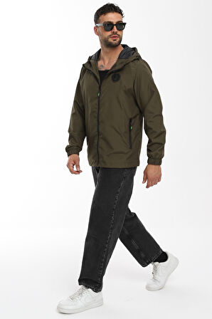 Erkek Astarlı Rüzgara Dayanıklı Kapüşonlu Haki Yağmurluk - Rüzgarlık | XL