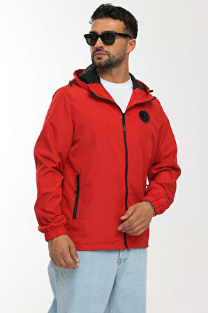 Erkek Astarlı Rüzgara Dayanıklı Kapüşonlu Kırmızı Yağmurluk - Rüzgarlık | XL