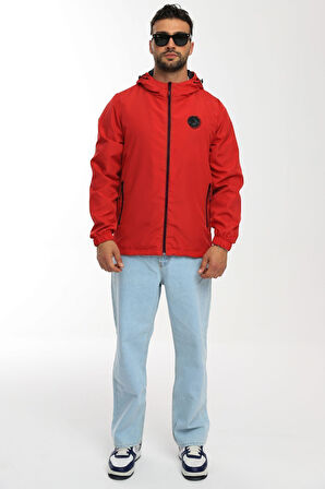 Erkek Astarlı Rüzgara Dayanıklı Kapüşonlu Kırmızı Yağmurluk - Rüzgarlık | 2XL
