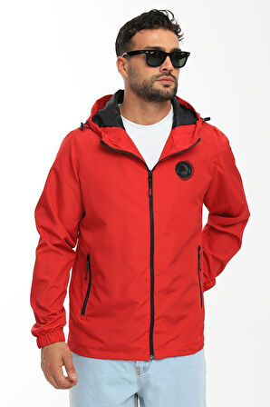 Erkek Astarlı Rüzgara Dayanıklı Kapüşonlu Kırmızı Yağmurluk - Rüzgarlık | 2XL