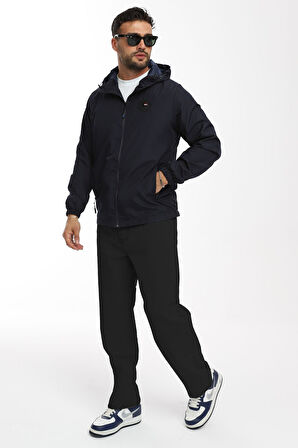 Erkek Astarlı Rüzgara Dayanıklı Kapüşonlu Lacivert Yağmurluk - Rüzgarlık | M