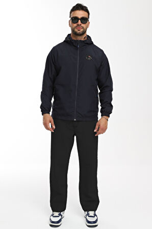 Erkek Astarlı Rüzgara Dayanıklı Kapüşonlu Lacivert Yağmurluk - Rüzgarlık | 3XL