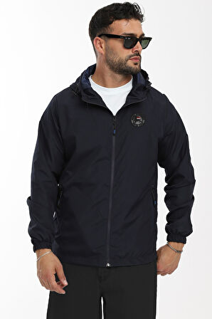 Erkek Astarlı Rüzgara Dayanıklı Kapüşonlu Lacivert Yağmurluk - Rüzgarlık | 3XL