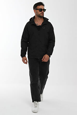 Erkek Astarlı Rüzgara Dayanıklı Kapüşonlu Siyah Yağmurluk - Rüzgarlık | M