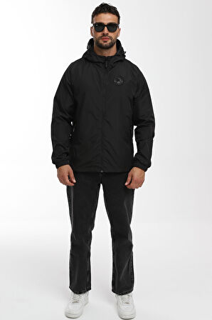 Erkek Astarlı Rüzgara Dayanıklı Kapüşonlu Siyah Yağmurluk - Rüzgarlık | XL