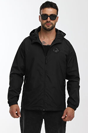Erkek Astarlı Rüzgara Dayanıklı Kapüşonlu Siyah Yağmurluk - Rüzgarlık | XL