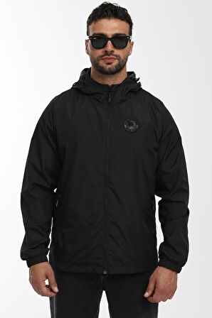 Erkek Astarlı Rüzgara Dayanıklı Kapüşonlu Siyah Yağmurluk - Rüzgarlık | 2XL