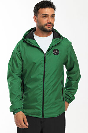 Erkek Astarlı Rüzgara Dayanıklı Kapüşonlu Yeşil Yağmurluk - Rüzgarlık | L