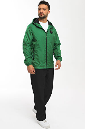 Erkek Astarlı Rüzgara Dayanıklı Kapüşonlu Yeşil Yağmurluk - Rüzgarlık | L