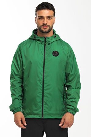 Erkek Astarlı Rüzgara Dayanıklı Kapüşonlu Yeşil Yağmurluk - Rüzgarlık | 3XL