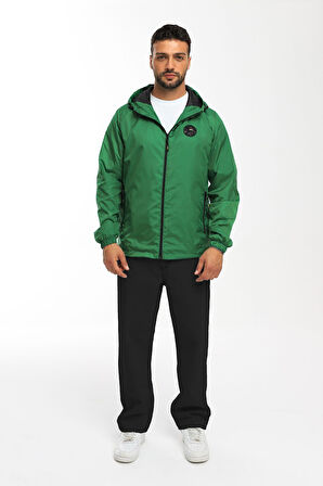 Erkek Astarlı Rüzgara Dayanıklı Kapüşonlu Yeşil Yağmurluk - Rüzgarlık | 3XL