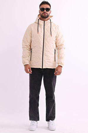 Erkek Bej Içi Astarlı Rüzgara Dayanıklı Kapüşonlu Mont | M