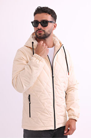 Erkek Bej Içi Astarlı Rüzgara Dayanıklı Kapüşonlu Mont | 3XL