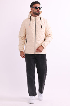 Erkek Bej Içi Astarlı Rüzgara Dayanıklı Kapüşonlu Mont | 3XL