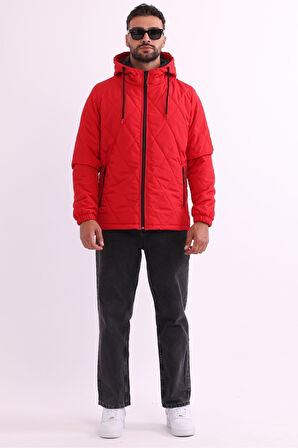 Erkek Kırmızı Astarlı Rüzgara Dayanıklı Kapüşonlu Mont | 3XL