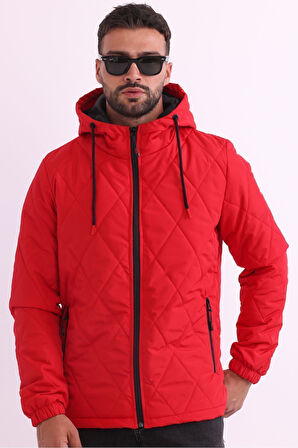 Erkek Kırmızı Astarlı Rüzgara Dayanıklı Kapüşonlu Mont | 3XL