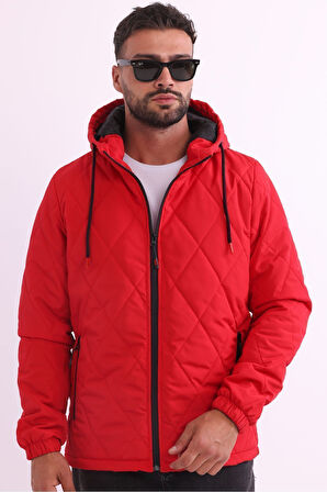 Erkek Kırmızı Astarlı Rüzgara Dayanıklı Kapüşonlu Mont | 3XL